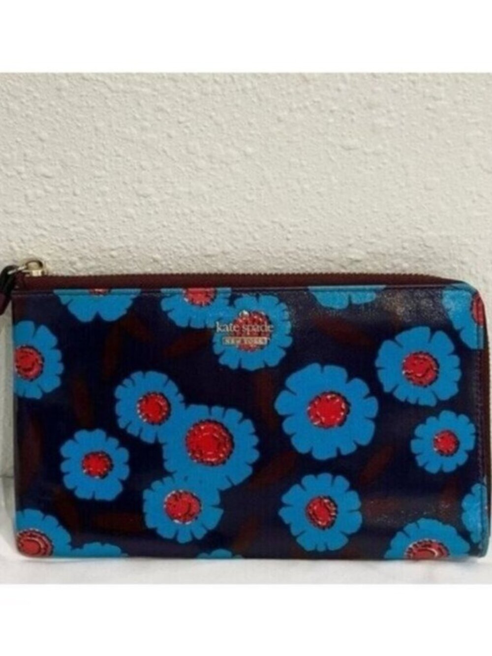 Kate Spade Colorful Leather Floral Clutch Preppy Feminine Peacock Blue